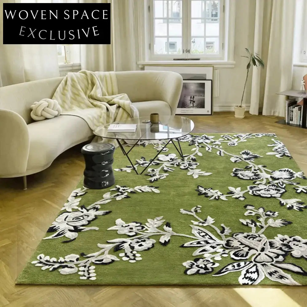 Elegant French Vintage Light Green Floral Embroidery Area Rug for Living Room