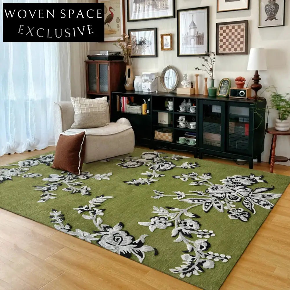 Elegant French Vintage Light Green Floral Embroidery Area Rug for Living Room
