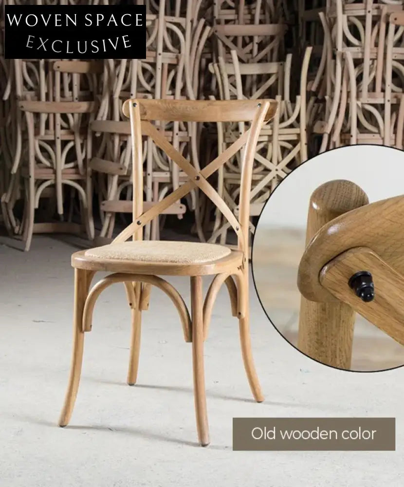 Elegant French Vintage Solid Wood Cross Back Rattan Seat Dining Chair