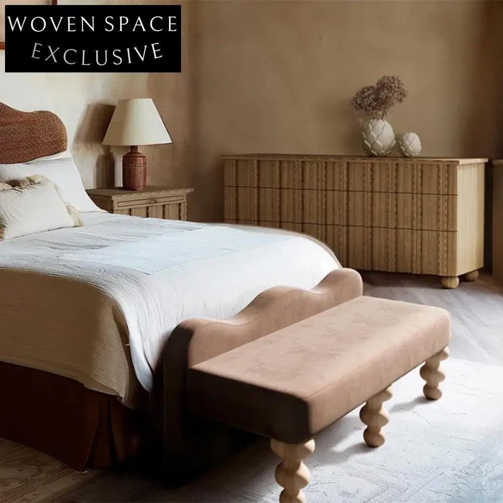 Elegant French Vintage Style Ash Wood Bedroom Storage Bench with Chenille Upholstery