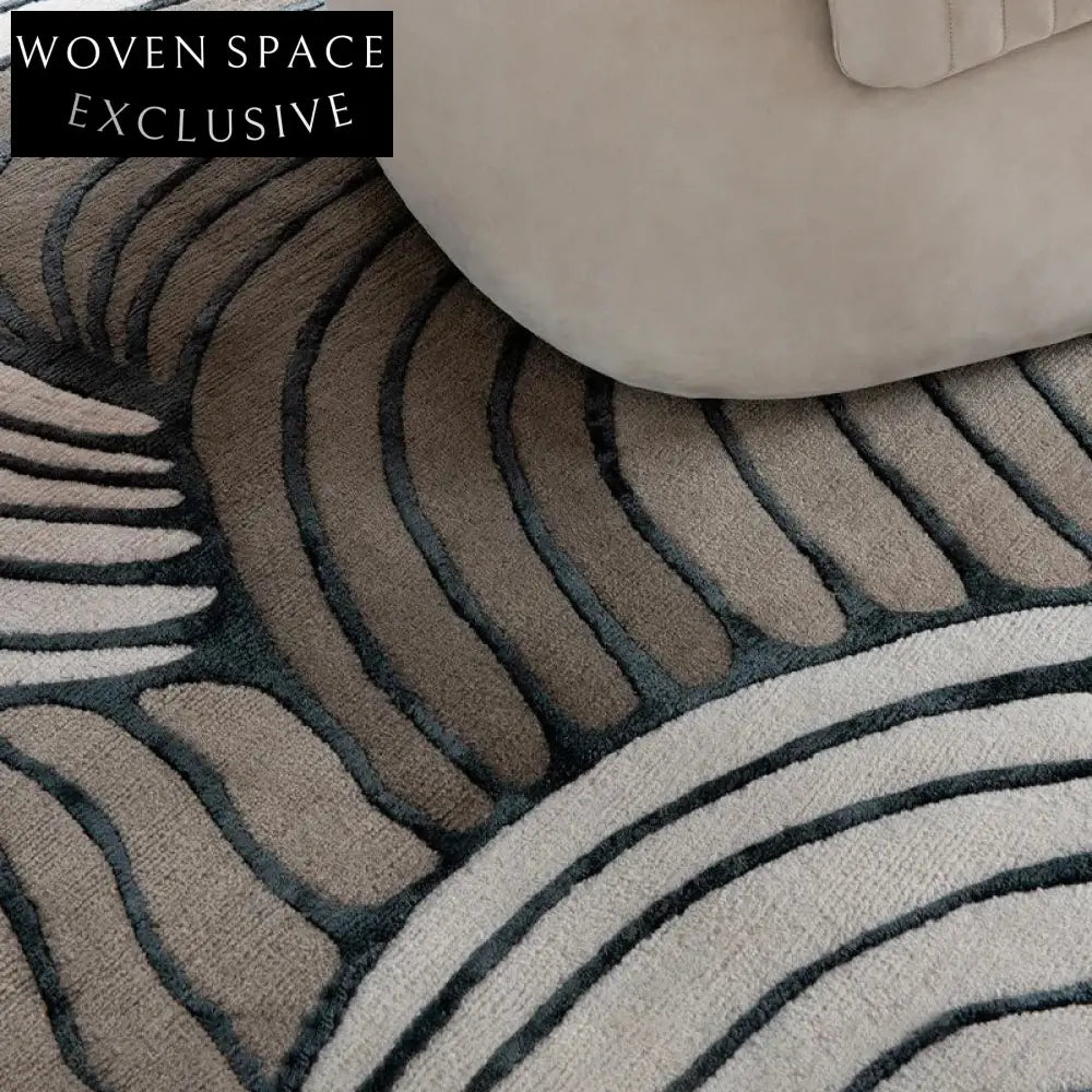 Elegant French Vintage Wool Silk Hand-Tufted Abstract Coffee Table Rug