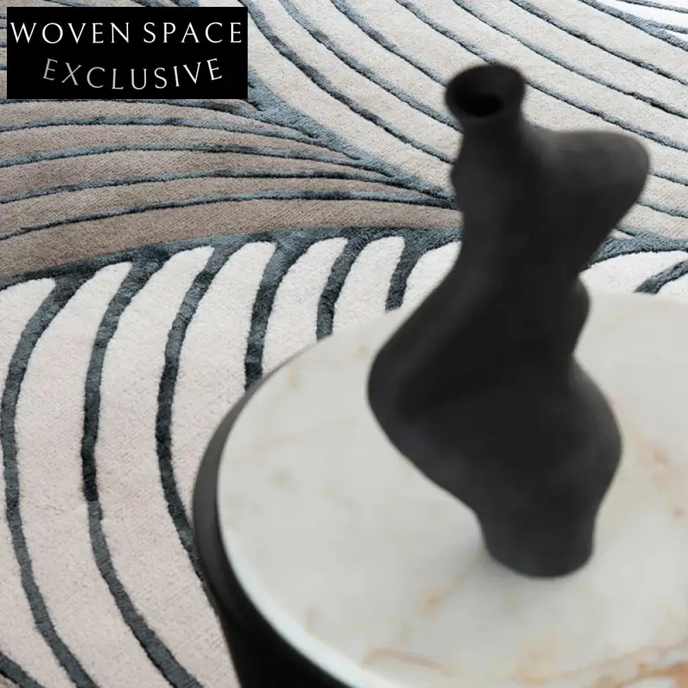 Elegant French Vintage Wool Silk Hand-Tufted Abstract Coffee Table Rug