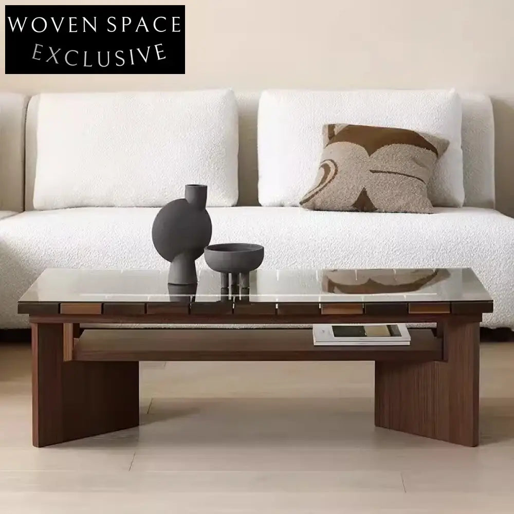 Elegant Glass Top Solid Wood Frame Rectangular Living Room Coffee Table