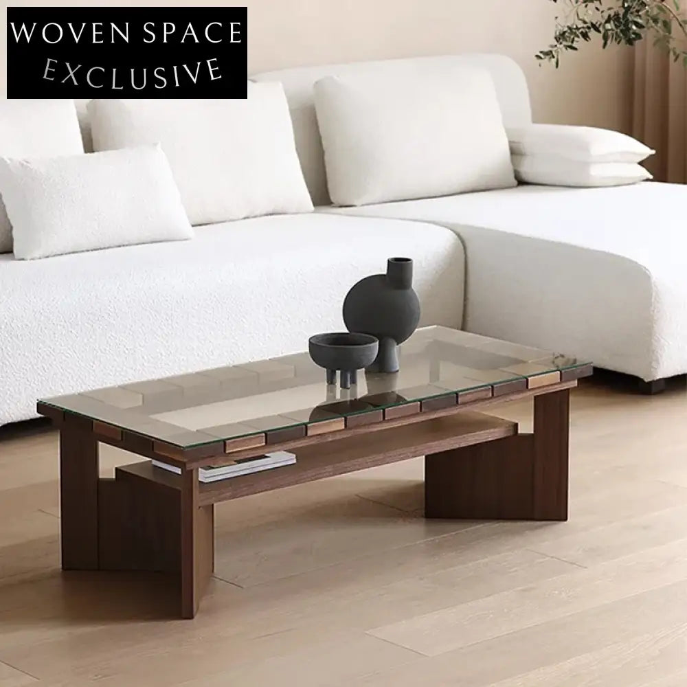 Elegant Glass Top Solid Wood Frame Rectangular Living Room Coffee Table