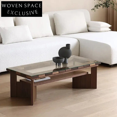 Elegant Glass Top Solid Wood Frame Rectangular Living Room Coffee Table