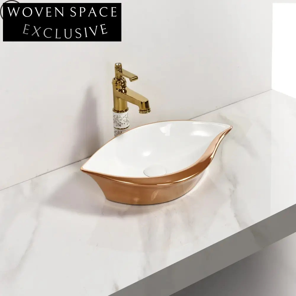 Elegant Gold Ceramic Oval Countertop Wash Basin with Golden Line Art