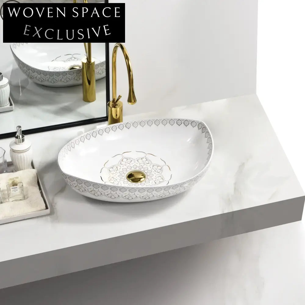 Elegant Gold Ceramic Oval Countertop Wash Basin with Golden Line Art