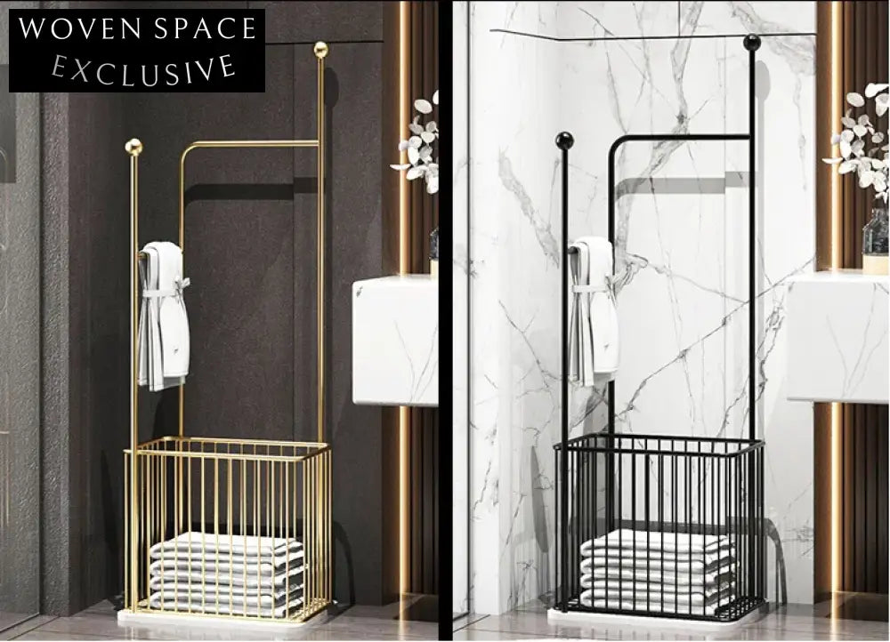 Elegant Gold Finish Marble Iron Bathroom Floor Standing Shelf Towel Rack Holder