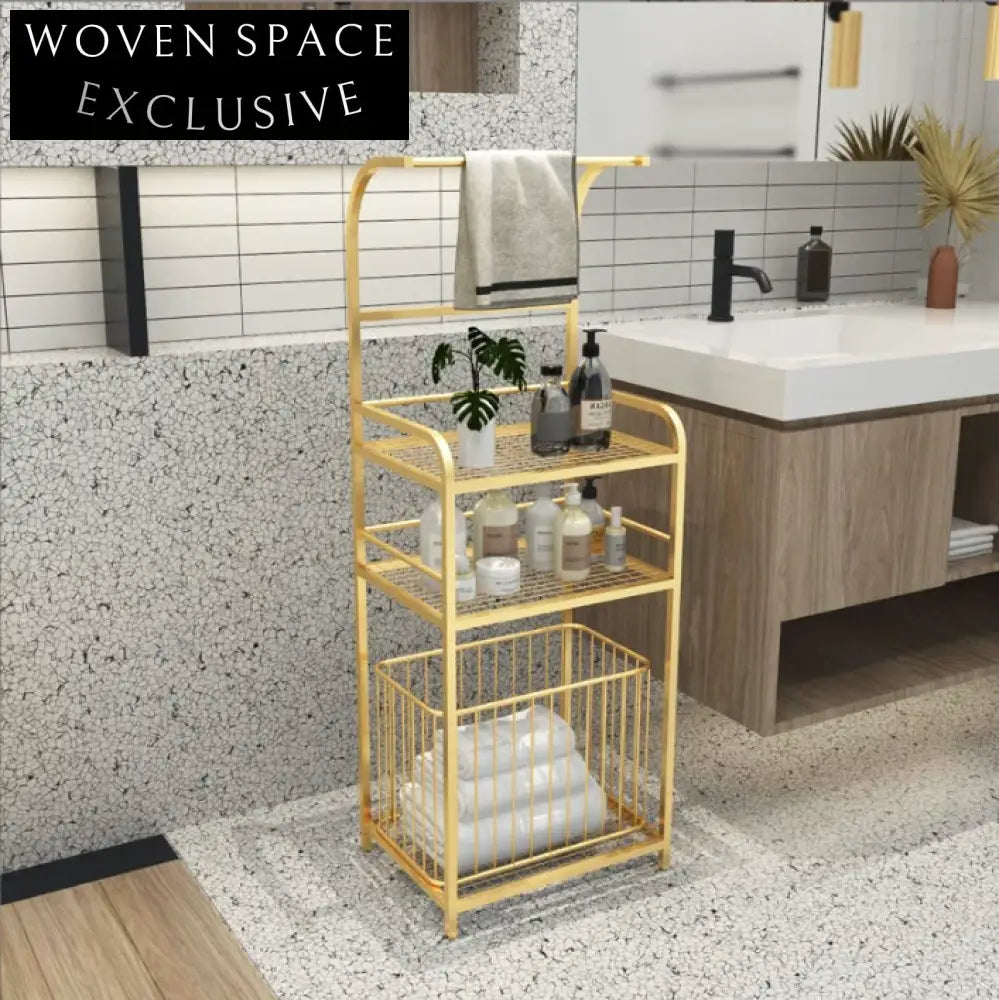 Elegant Gold Finish Marble Iron Bathroom Floor Standing Shelf Towel Rack Holder