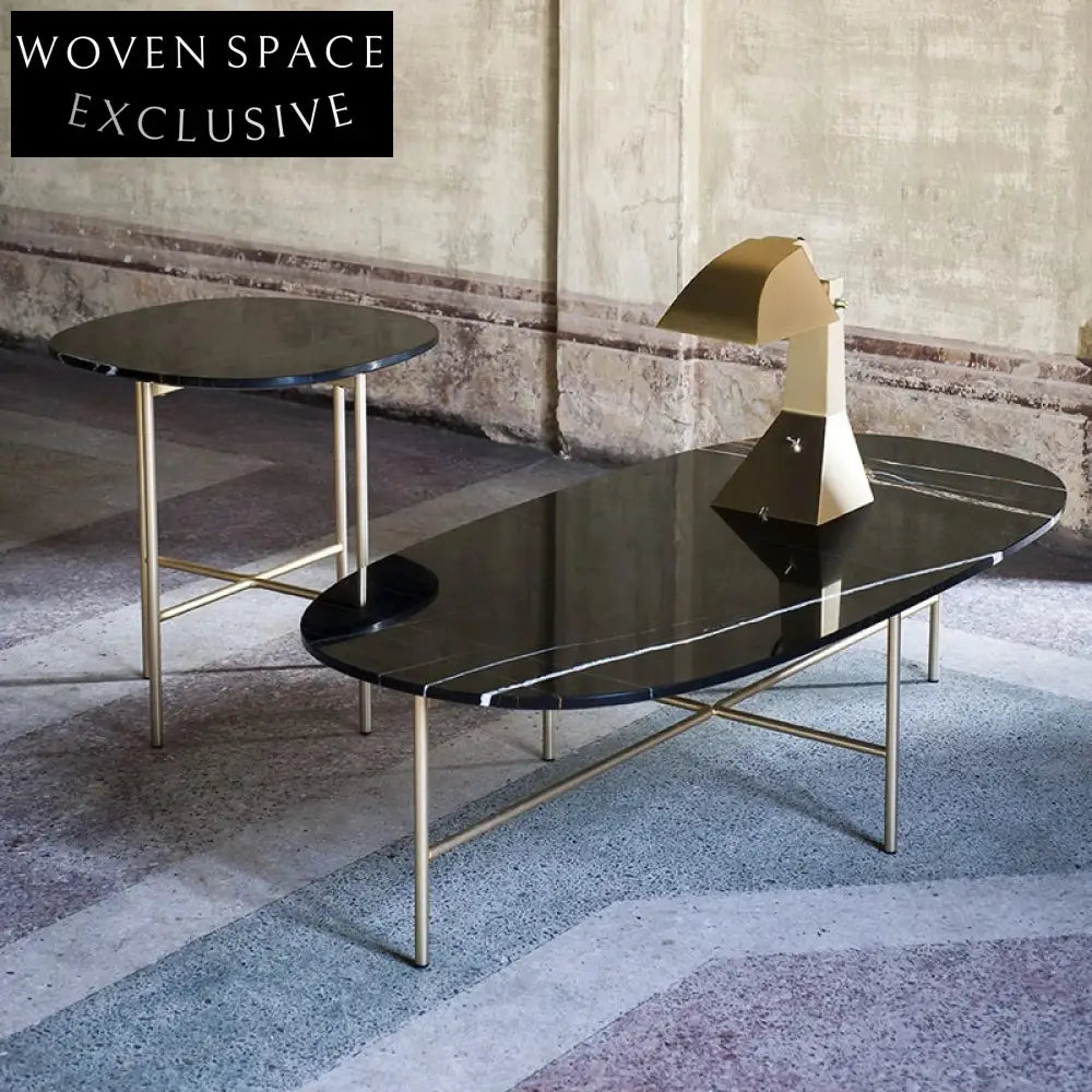 Elegant Gold Metal Oval Marble Top Modern Living Room Center Coffee Table
