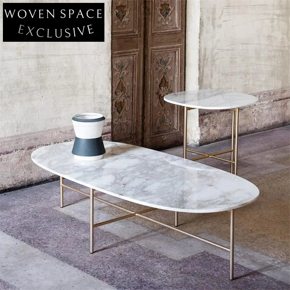 Elegant Gold Metal Oval Marble Top Modern Living Room Center Coffee Table