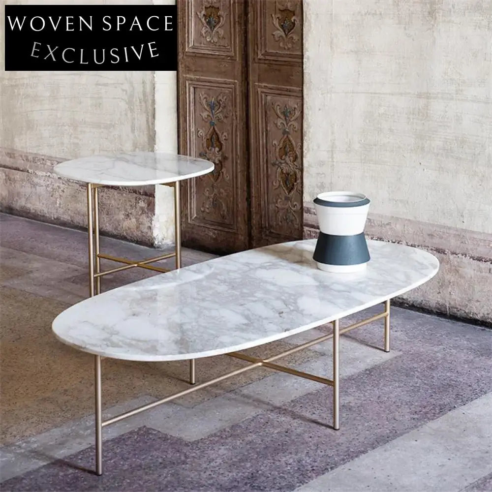 Elegant Gold Metal Oval Marble Top Modern Living Room Center Coffee Table