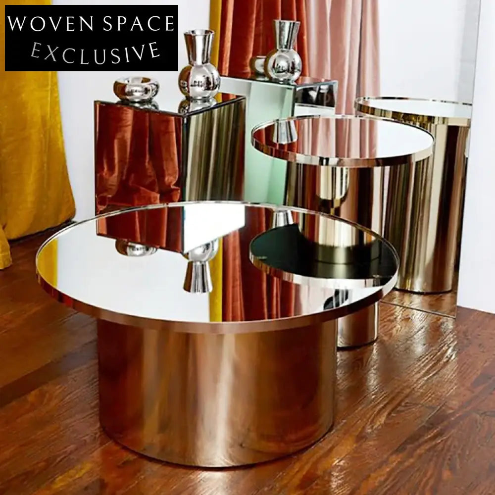 Elegant Gold Stainless Steel Round Mirror Top Coffee Table Set
