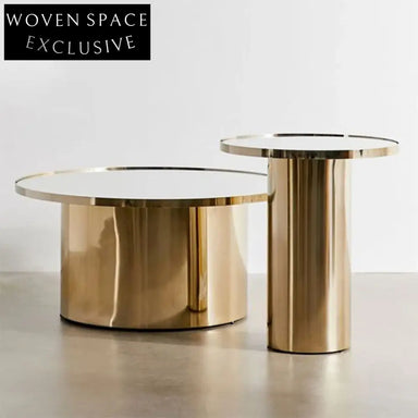 Elegant Gold Stainless Steel Round Mirror Top Coffee Table Set