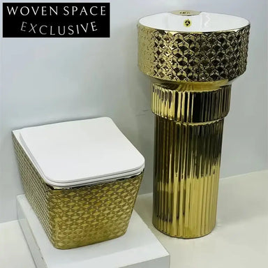Elegant Golden Ceramic Pedestal Wash Basin, Modern Floor Mounted Bathroom Sink