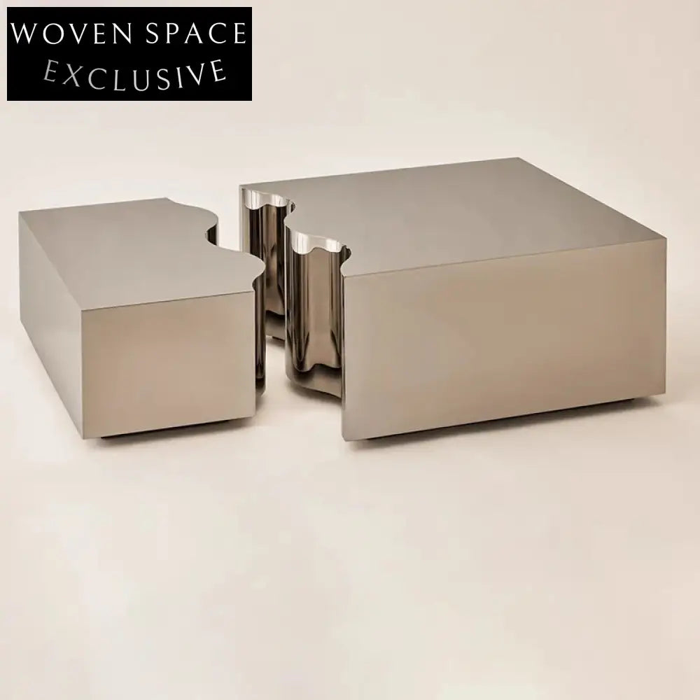 Elegant Golden Stainless Steel Rectangle Coffee and Side Table Set