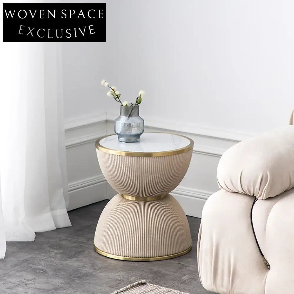 Elegant Golden Stainless Steel Round Sofa Side Table with Faux Marble Top
