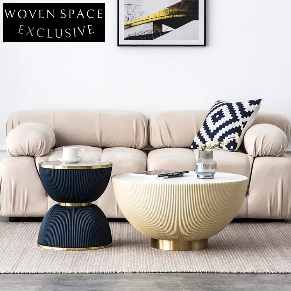 Elegant Golden Stainless Steel Round Sofa Side Table with Faux Marble Top