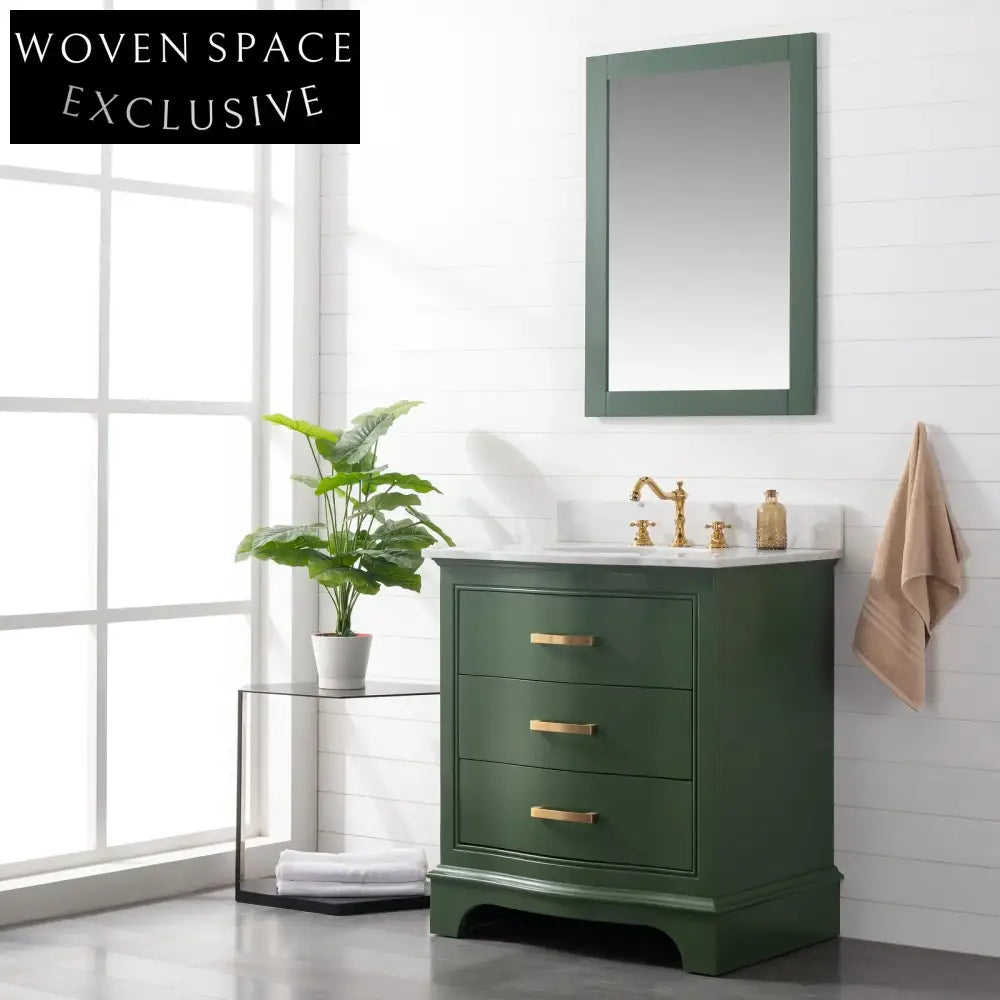 Elegant Green Solid Wood Floor Mounted Bathroom Vanity Cabinet with Marble Top Sink