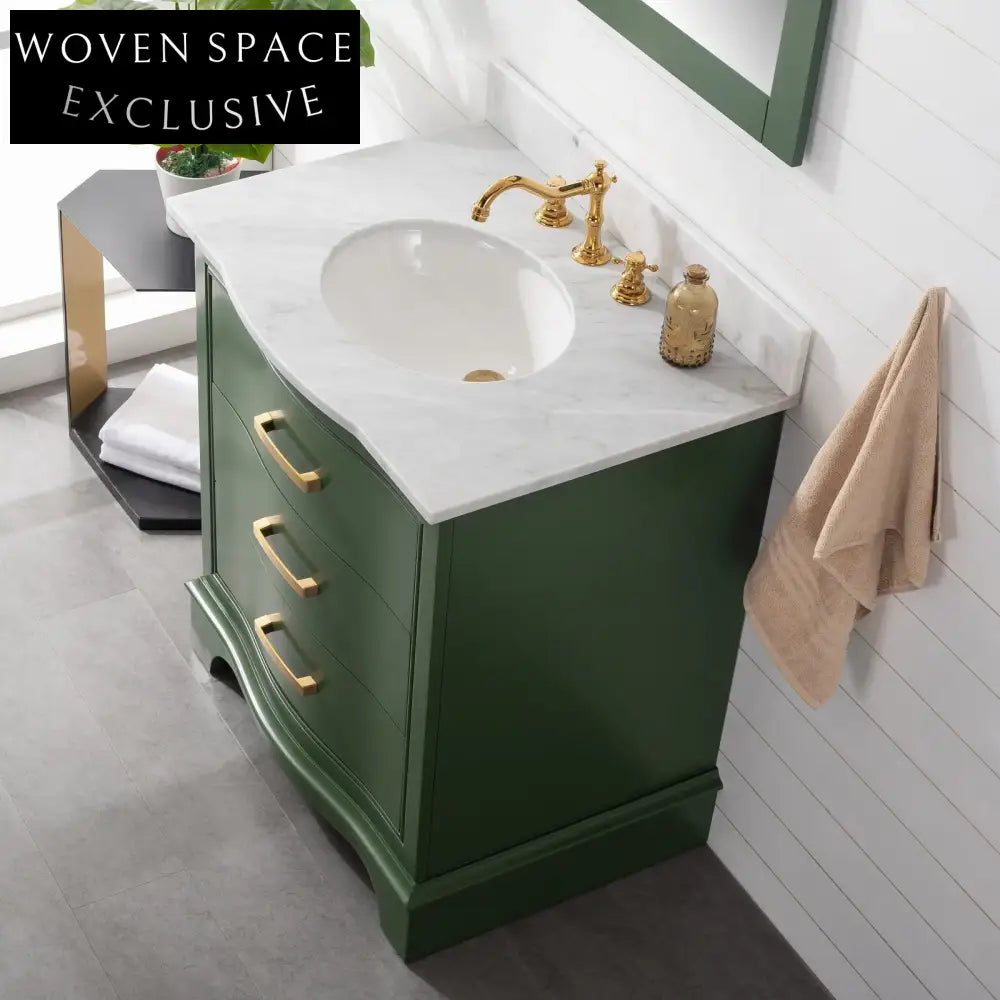 Elegant Green Solid Wood Floor Mounted Bathroom Vanity Cabinet with Marble Top Sink