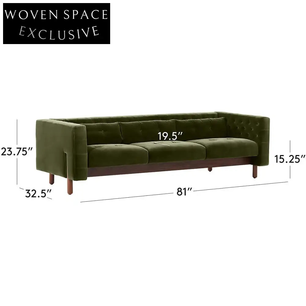 Elegant Mid-Century Modern Green Velvet Sofa - Tufted 81.5 Inch Wood Frame