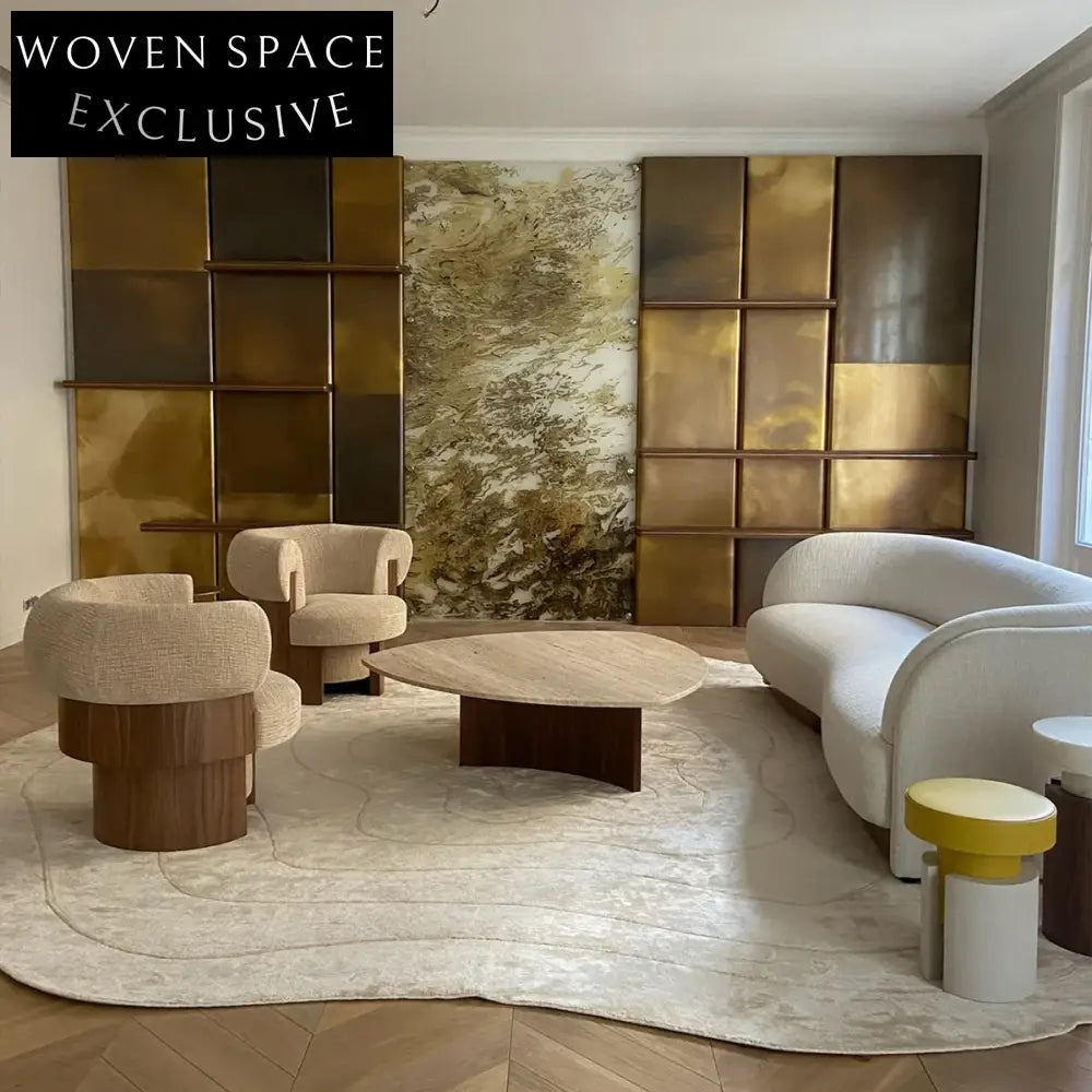 Elegant Irregular French Cream Tencel Oval Area Rug for Living Room