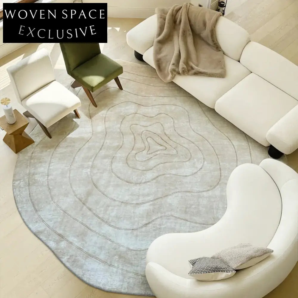 Elegant Irregular French Cream Tencel Oval Area Rug for Living Room