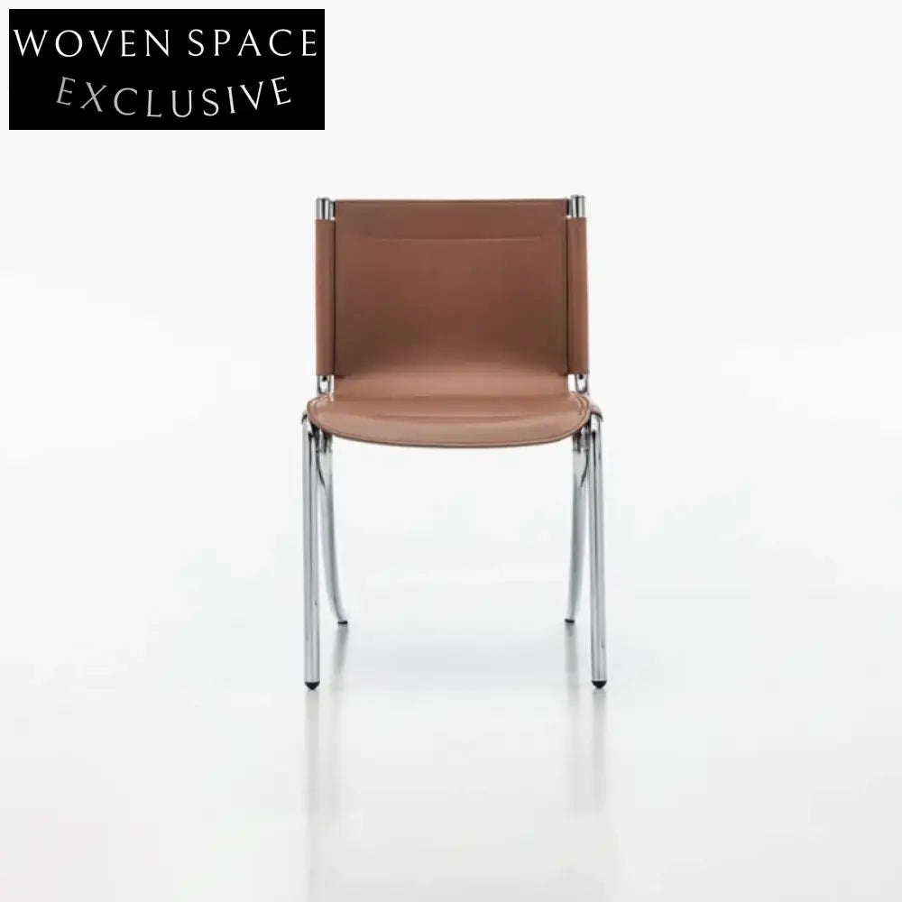 Elegant Italian Design Brown Saddle Leather Metal Frame Dining Chair