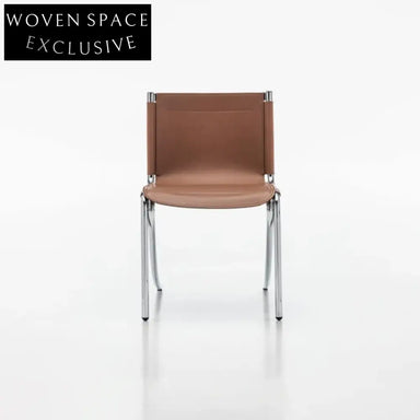 Elegant Italian Design Brown Saddle Leather Metal Frame Dining Chair