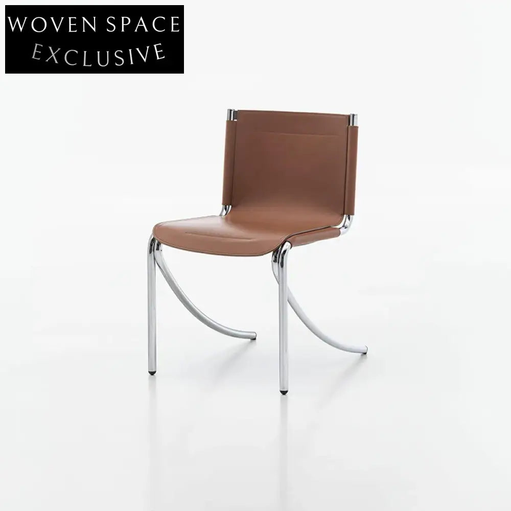 Elegant Italian Design Brown Saddle Leather Metal Frame Dining Chair