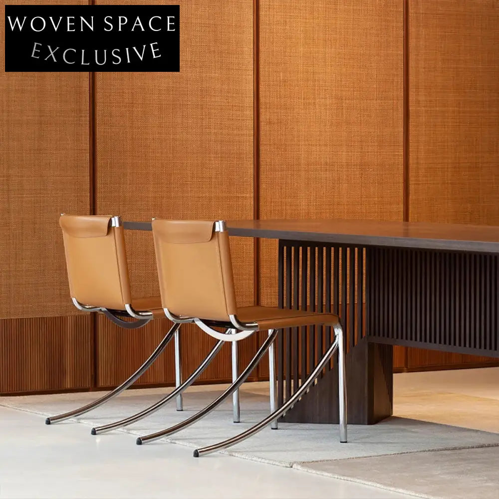 Elegant Italian Design Brown Saddle Leather Metal Frame Dining Chair