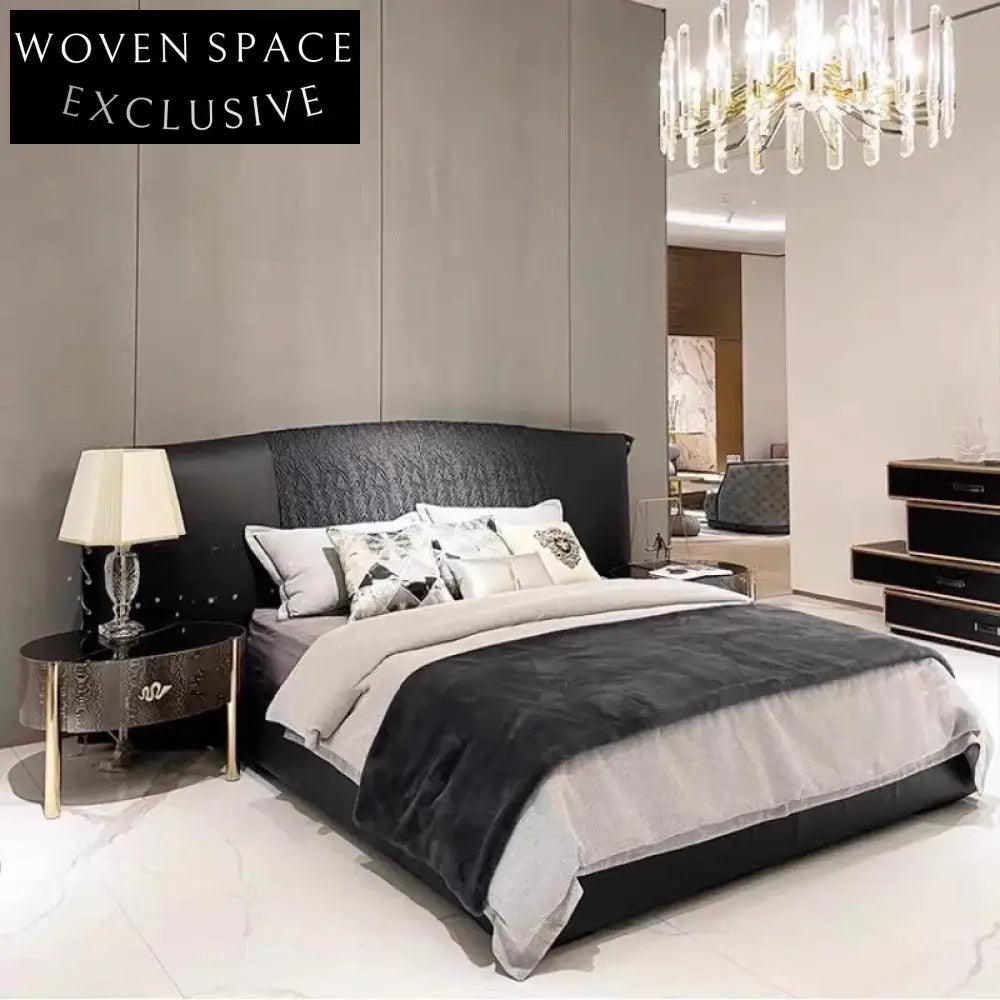 Elegant Italian Leather Suede King Bed Frame, High Headboard Soft Bed