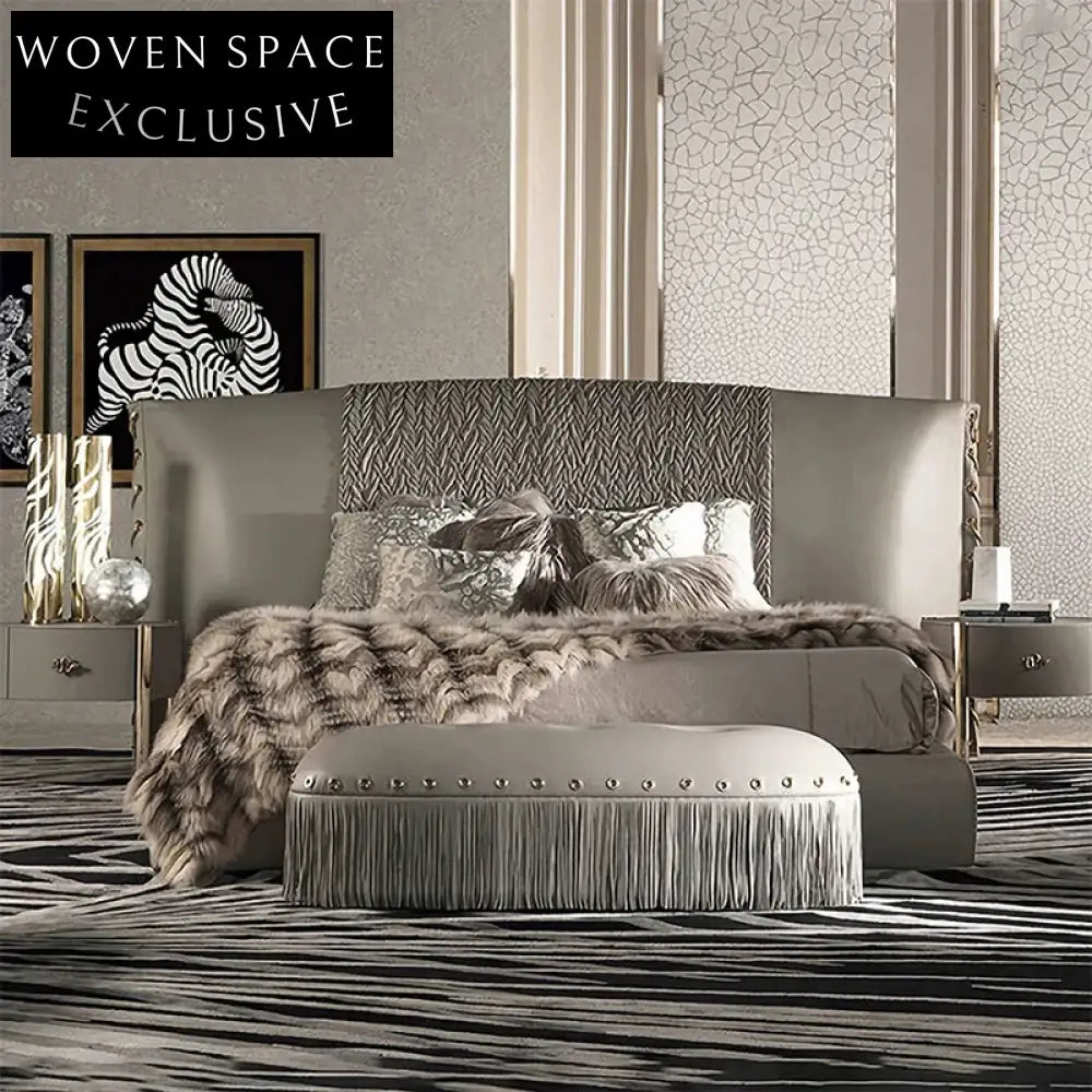 Elegant Italian Leather Suede King Bed Frame, High Headboard Soft Bed