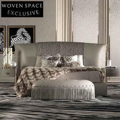 Elegant Italian Leather Suede King Bed Frame, High Headboard Soft Bed