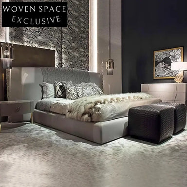 Elegant Italian Leather Suede King Bed Frame, High Headboard Soft Bed