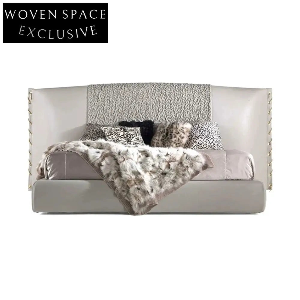 Elegant Italian Leather Suede King Bed Frame, High Headboard Soft Bed