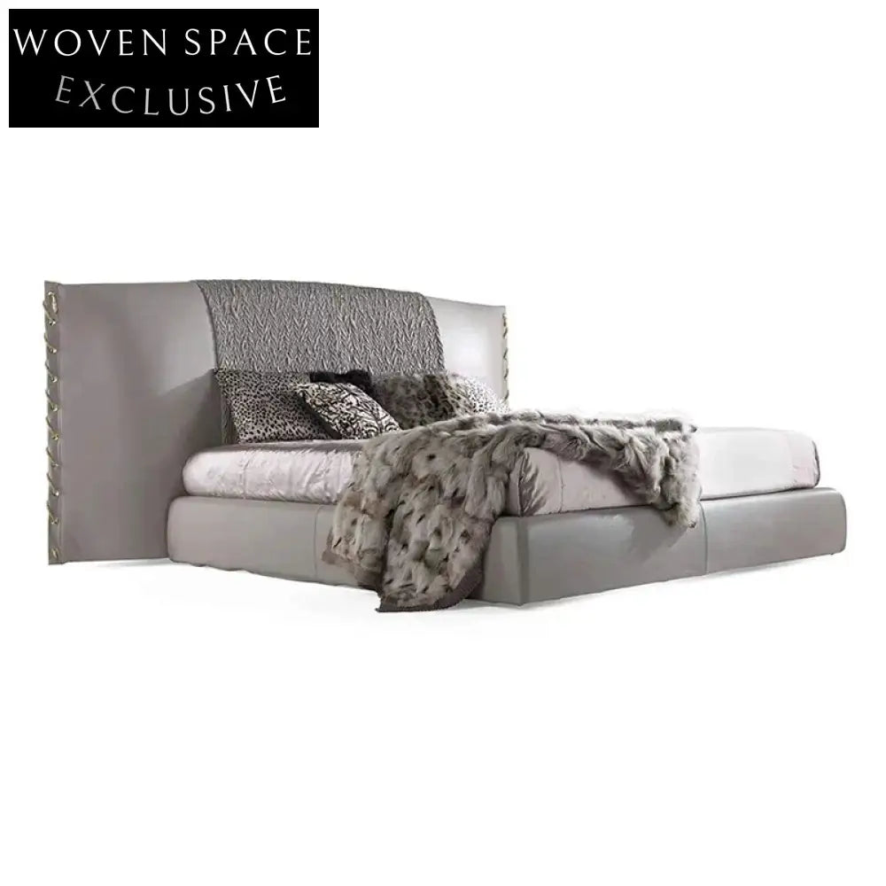 Elegant Italian Leather Suede King Bed Frame, High Headboard Soft Bed