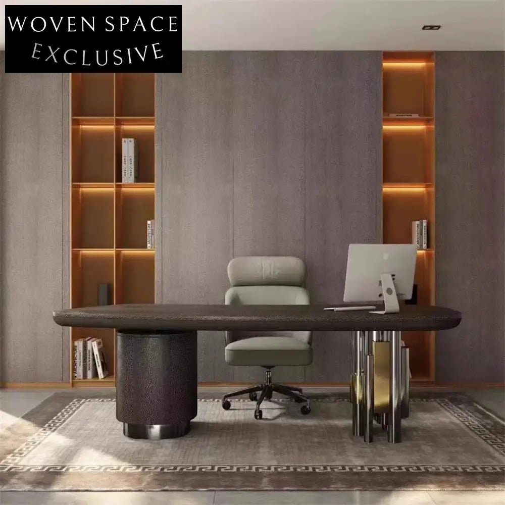 Elegant Italian Light Luxury Wooden Stainless Steel Executive Home Office Desk