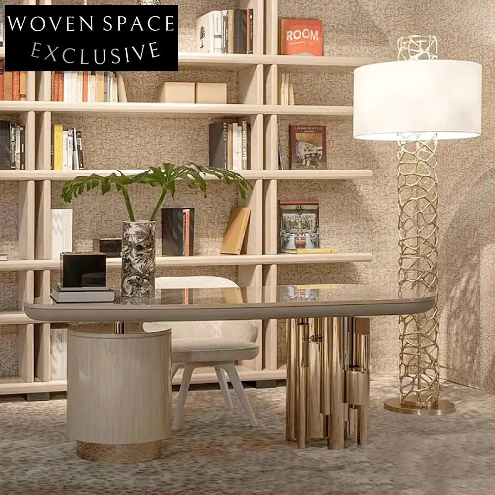 Elegant Italian Light Luxury Wooden Stainless Steel Executive Home Office Desk