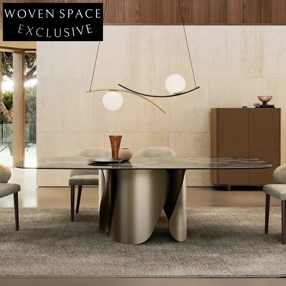 Elegant Italian Luxury Oval Marble Slate Top Metal Dining Table Set for 8