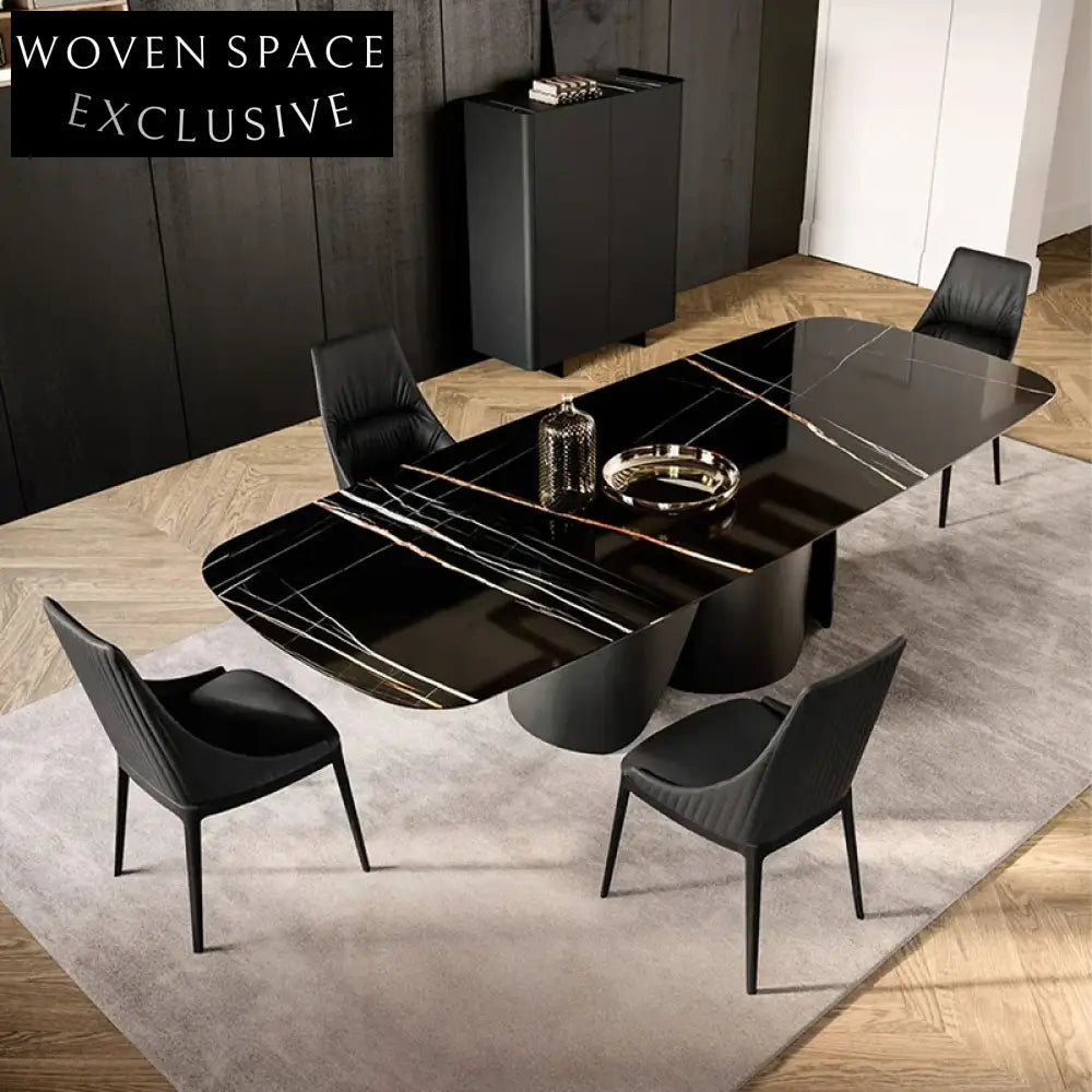 Elegant Italian Luxury Oval Marble Slate Top Metal Dining Table Set for 8