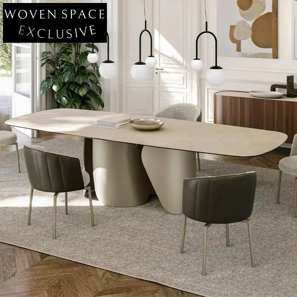 Elegant Italian Luxury Oval Marble Slate Top Metal Dining Table Set for 8