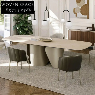Elegant Italian Luxury Oval Marble Slate Top Metal Dining Table Set for 8