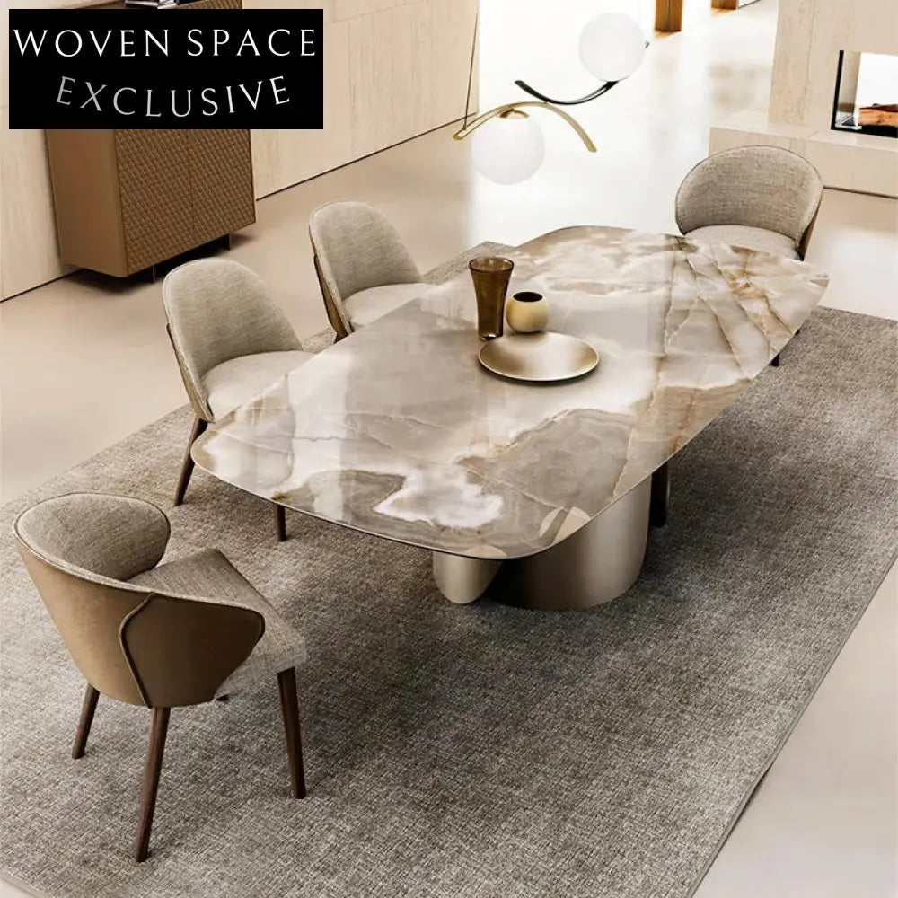 Elegant Italian Luxury Oval Marble Slate Top Metal Dining Table Set for 8