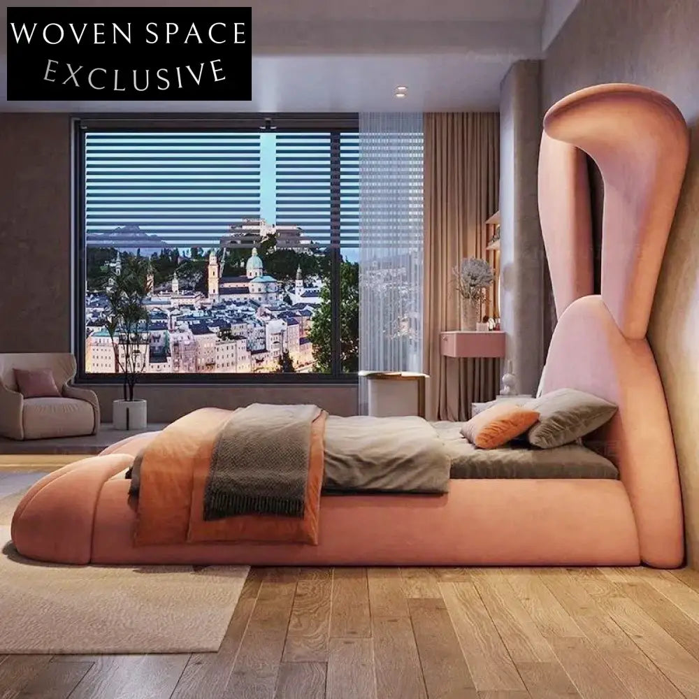 Elegant Italian Minimalist Pink Fabric Upholstered King Size Wooden Bed Frame