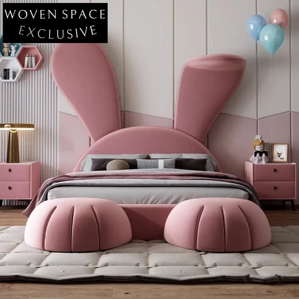 Elegant Italian Minimalist Pink Fabric Upholstered King Size Wooden Bed Frame