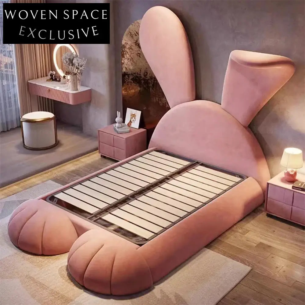 Elegant Italian Minimalist Pink Fabric Upholstered King Size Wooden Bed Frame