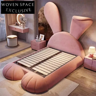 Elegant Italian Minimalist Pink Fabric Upholstered King Size Wooden Bed Frame