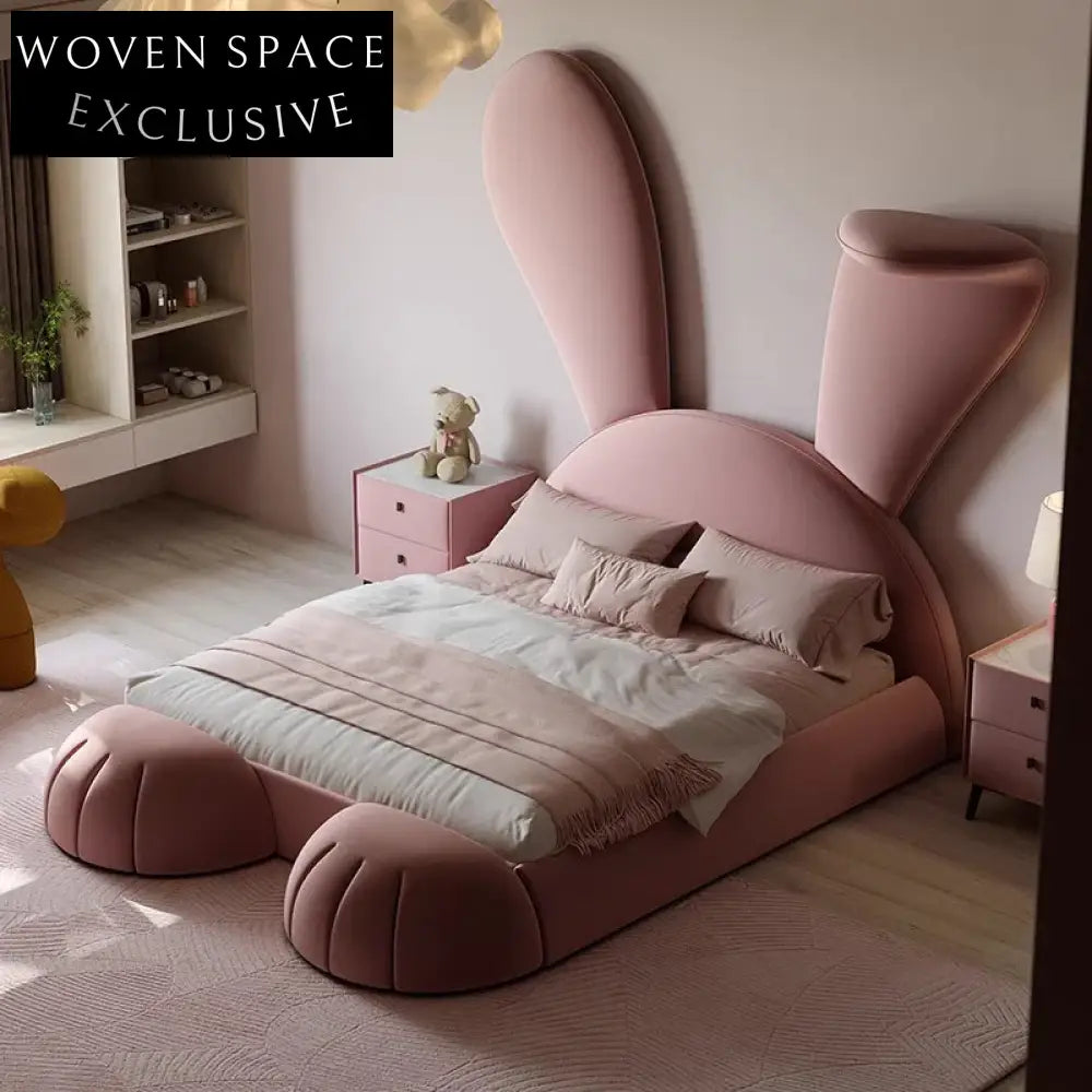 Elegant Italian Minimalist Pink Fabric Upholstered King Size Wooden Bed Frame