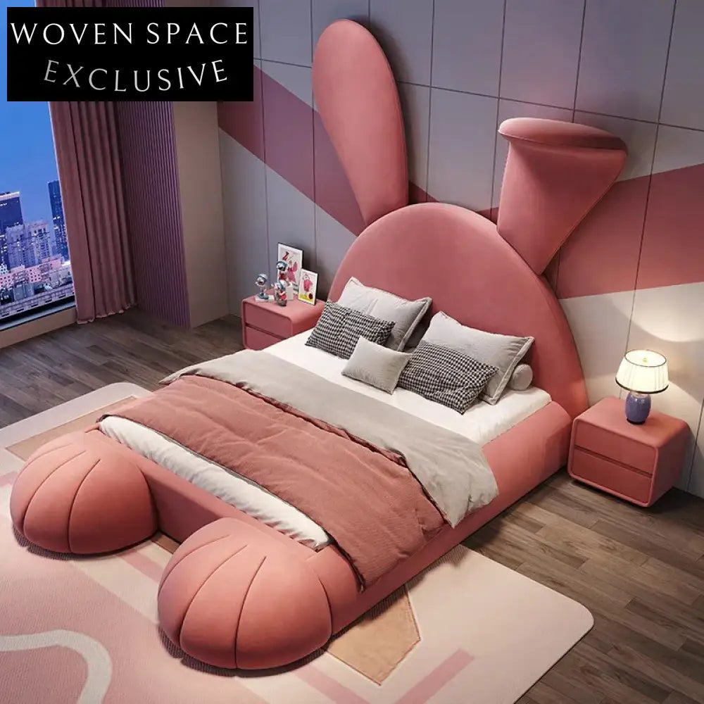 Elegant Italian Minimalist Pink Fabric Upholstered King Size Wooden Bed Frame